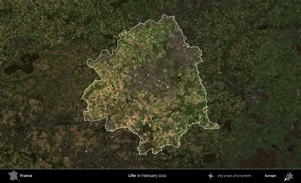 Lille. Fransa 'nın idari alanı, Şubat 2022' de çekilen Kopernik Sentinel karolarından oluşan koyu renkli bir uydu görüntüsü üzerinde vurgulandı ve özetlendi.