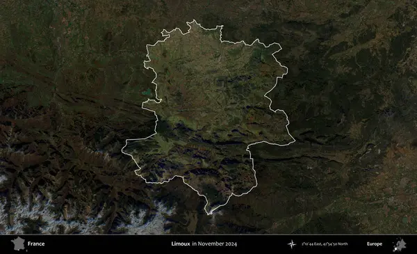 Limuzin. Fransa 'nın idari alanı, Kopernik Sentinel' in Kasım 2024 'te çekilmiş karanlık bir uydu görüntüsüyle vurgulandı ve özetlendi.