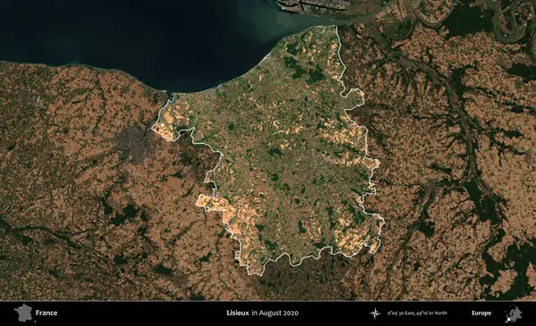 Lisieux. Fransa 'nın idari alanı, Ağustos 2020' de çekilen Kopernik Nöbetçi karolarından oluşan koyu renkli bir uydu görüntüsüyle vurgulandı ve özetlendi.