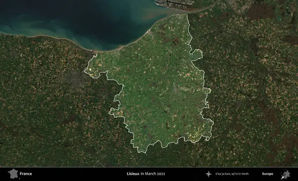 Lisieux. Fransa 'nın idari alanı, Mart 2022' de çekilen Kopernik Sentinel karolarından oluşan koyu renkli bir uydu görüntüsü üzerinde vurgulandı ve özetlendi.