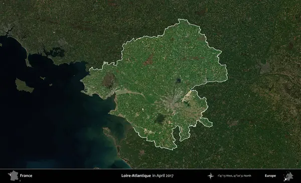Loire-Atlantique 'de. Fransa 'nın idari alanı, Nisan 2017' de çekilen Kopernik Nöbetçi karolarından oluşan koyu renkli bir uydu görüntüsü üzerinde vurgulandı ve özetlendi.