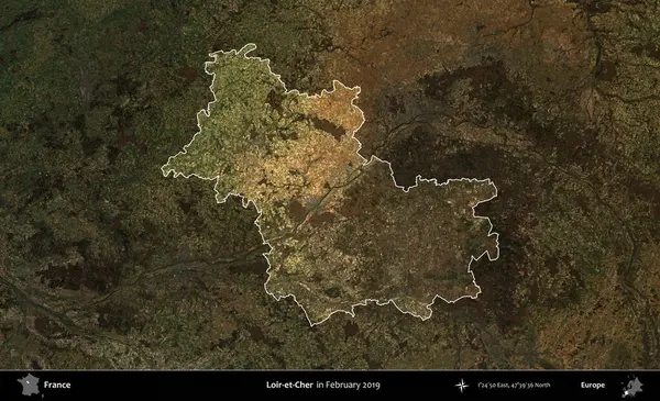 Loir-et-Cher. Fransa 'nın idari alanı, Şubat 2019' da çekilen Kopernik Sentinel karolarından oluşan koyu renkli bir uydu görüntüsü üzerinde vurgulandı ve özetlendi.