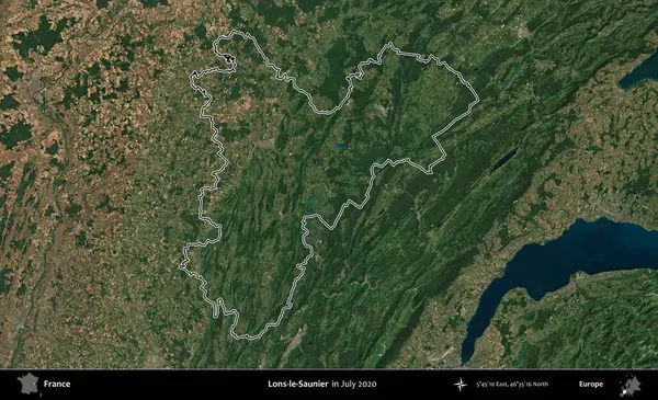 Lons-le-Saunier. Copernicus Sentinel 'in Temmuz 2020' de çekilen uydu görüntüsünde Fransa 'nın idari bölgesinin ana hatları belirlendi.