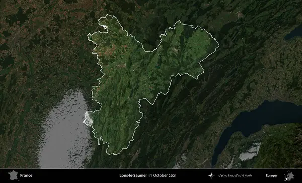 Lons-le-Saunier. Fransa 'nın idari alanı, Ekim 2021' de çekilen Kopernik Nöbetçi karolarından oluşan koyu renkli bir uydu görüntüsü üzerinde vurgulandı ve özetlendi.