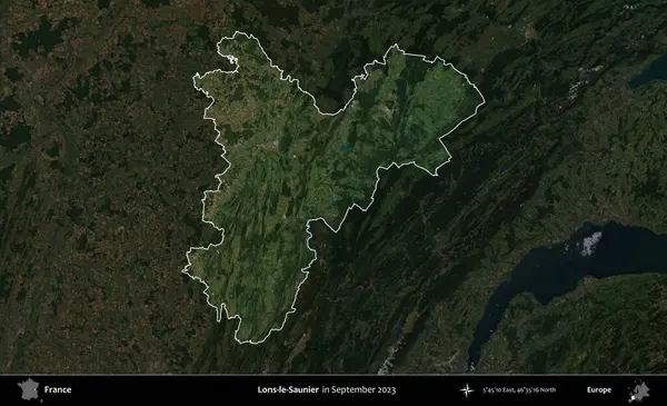Lons-le-Saunier. Fransa 'nın idari alanı, Eylül 2023' te çekilen Kopernik Nöbetçi karolarından oluşan koyu renkli bir uydu görüntüsü üzerinde vurgulandı ve özetlendi.
