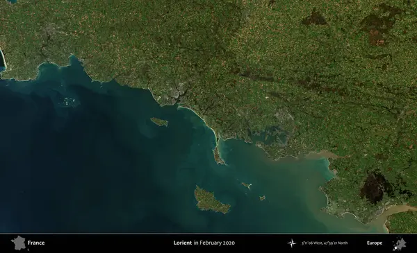 Lorient. Copernicus Sentinel 'in Şubat 2020' de çekilmiş uydu görüntüsü üzerine Fransa 'nın idari bölgesi.
