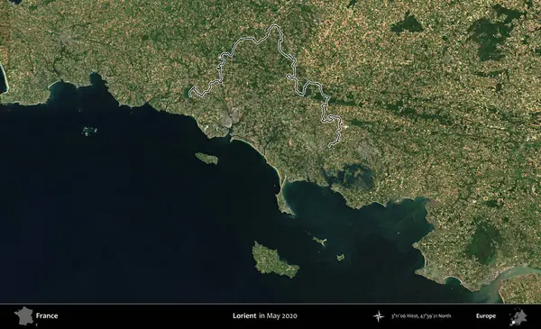 Lorient. Mayıs 2020 'de çekilen Copernicus Sentinel karolarından oluşan bir uydu görüntüsünde Fransa' nın idari bölgesinin ana hatları belirlendi.