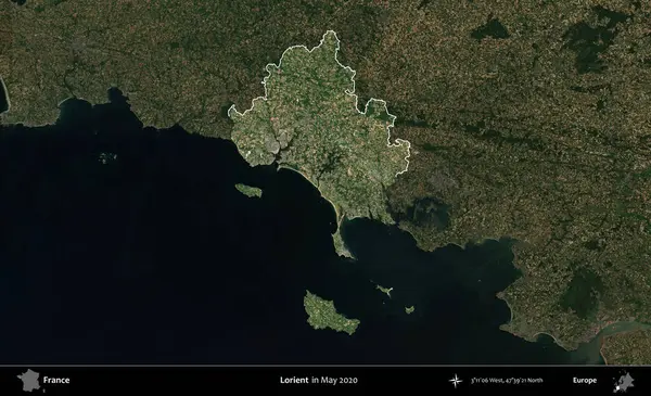 Lorient. Fransa 'nın idari alanı, Mayıs 2020' de çekilen Kopernik Nöbetçi karolarından oluşan koyu renkli bir uydu görüntüsü üzerinde vurgulandı ve özetlendi.