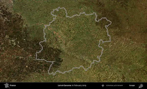 Lot-et-Garonne. Copernicus Sentinel 'in Şubat 2019' da çekilen uydu görüntüsünde Fransa 'nın idari bölgesinin ana hatları belirlendi.
