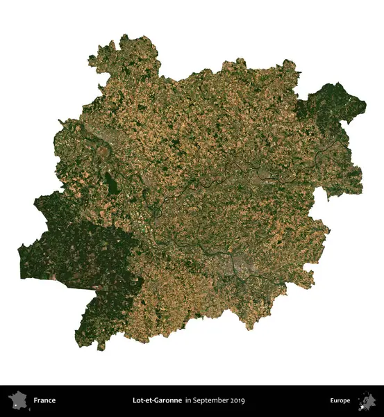 Lot-et-Garonne. Fransa 'nın idari bölgesi, Eylül 2019' da çekilen Kopernik Nöbetçi karolarından oluşan uydu görüntüsüyle beyaza izole edildi.