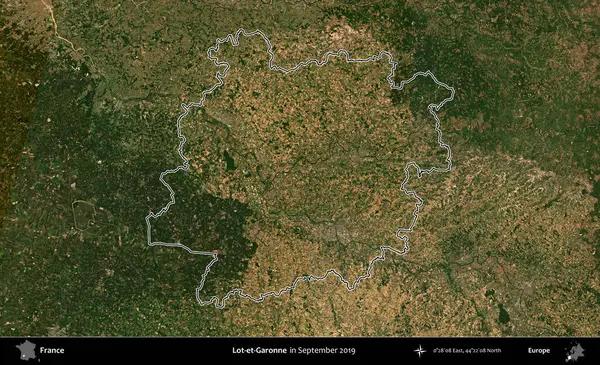 Lot-et-Garonne. Eylül 2019 'da çekilen Copernicus Sentinel karolarından oluşan bir uydu görüntüsünde Fransa' nın idari bölgesinin ana hatlarını çizdim.