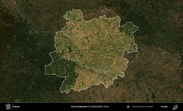 Lot-et-Garonne. Fransa 'nın idari alanı, Eylül 2019' da çekilen Kopernik Nöbetçi karolarından oluşan koyu renkli bir uydu görüntüsü üzerinde vurgulandı ve özetlendi.