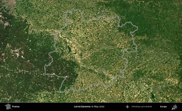 Lot-et-Garonne. Mayıs 2020 'de çekilen Copernicus Sentinel karolarından oluşan bir uydu görüntüsünde Fransa' nın idari bölgesinin ana hatları belirlendi.