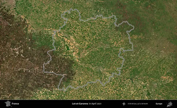 Lot-et-Garonne. Copernicus Sentinel 'in Nisan 2021' de çekilen uydu görüntüsünde Fransa 'nın idari bölgesinin ana hatları belirlendi.