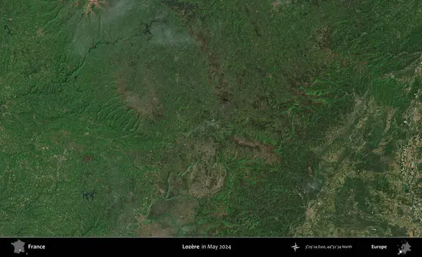 Lozere. Mayıs 2024 'te Copernicus Sentinel karolarından oluşan bir uydu görüntüsü üzerine Fransa' nın idari bölgesi