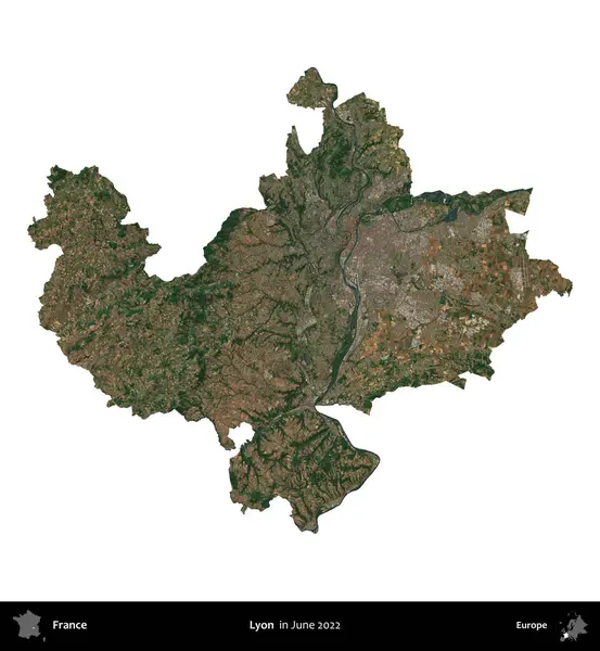 Lyon. Fransa 'nın idari bölgesi, Haziran 2022' de çekilen Kopernik Nöbetçi karolarından oluşan bir uydu görüntüsüyle beyaza izole edildi.