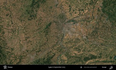 Lyon. Copernicus Sentinel 'in Eylül 2023' te çekilmiş uydu görüntüsü üzerine Fransa 'nın idari bölgesi.