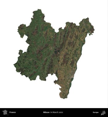 Macon. Fransa 'nın idari bölgesi, Mart 2022' de çekilen Kopernik Nöbetçi karolarından oluşan bir uydu görüntüsüyle beyaza izole edildi.