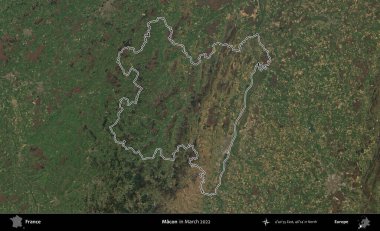 Macon. Mart 2022 'de çekilen Copernicus Sentinel karolarından oluşan bir uydu görüntüsünde Fransa' nın idari bölgesinin ana hatları belirlendi.