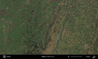 Macon. Copernicus Sentinel 'in Mart 2022' de çekilmiş uydu görüntüsü üzerine Fransa 'nın idari bölgesi.