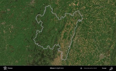 Macon. Nisan 2022 'de çekilen Copernicus Sentinel karolarından oluşan bir uydu görüntüsünde Fransa' nın idari bölgesinin ana hatları belirlendi.