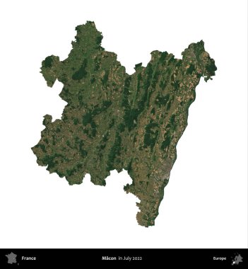 Macon. Fransa 'nın idari bölgesi, Temmuz 2022' de çekilen Kopernik Nöbetçi karolarından oluşan bir uydu görüntüsüyle beyaza izole edildi.