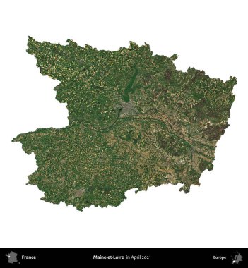 Maine-et-Loire. Fransa 'nın idari bölgesi, Nisan 2021' de çekilen Kopernik Nöbetçi karolarından oluşan bir uydu görüntüsü ile beyaza izole edildi.