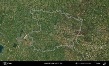 Maine-et-Loire. Copernicus Sentinel 'in Nisan 2021' de çekilen uydu görüntüsünde Fransa 'nın idari bölgesinin ana hatları belirlendi.