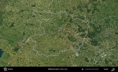 Maine-et-Loire. Mayıs 2023 'te çekilen Copernicus Sentinel karolarından oluşan bir uydu görüntüsünde Fransa' nın idari bölgesinin ana hatları belirlendi.