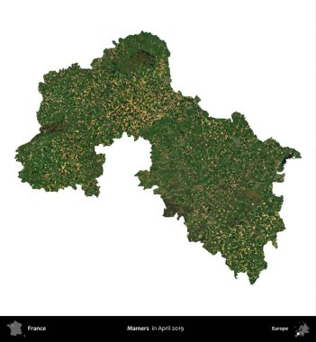 Mamers. Fransa 'nın idari bölgesi, Nisan 2019' da çekilen Kopernik Nöbetçi karolarından oluşan bir uydu görüntüsü ile beyaza izole edildi.