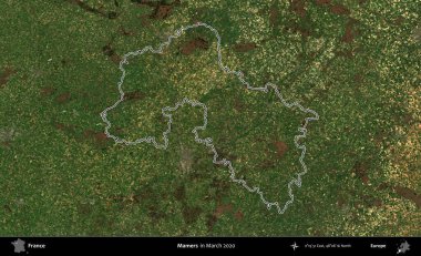 Mamers. Mart 2020 'de çekilen Copernicus Sentinel karolarından oluşan bir uydu görüntüsünde Fransa' nın idari bölgesinin ana hatları belirlendi.