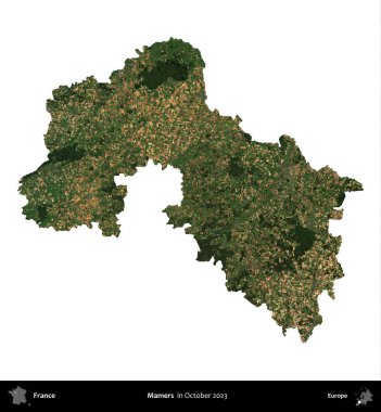 Mamers. Fransa 'nın idari bölgesi, Ekim 2023' te çekilen Kopernik Nöbetçi karolarından oluşan bir uydu görüntüsüyle beyaza izole edildi.