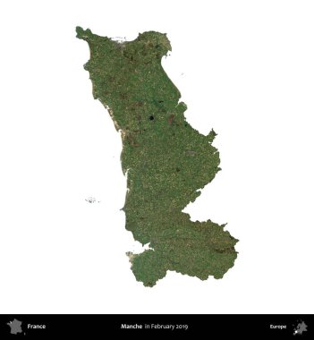 Manche. Fransa 'nın idari bölgesi, Şubat 2019' da çekilen Kopernik Nöbetçi karolarından oluşan uydu görüntüsüyle beyaza izole edildi.
