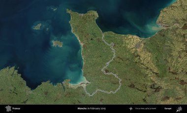 Manche. Copernicus Sentinel 'in Şubat 2019' da çekilen uydu görüntüsünde Fransa 'nın idari bölgesinin ana hatları belirlendi.