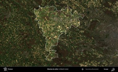 Mantes-la-Jolie. Fransa 'nın idari alanı, Mart 2020' de çekilen Kopernik Nöbetçi karolarından oluşan koyu renkli bir uydu görüntüsü üzerinde vurgulandı ve özetlendi.