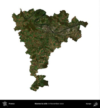 Mantes-la-Jolie. Fransa 'nın idari bölgesi, Kasım 2020' de çekilen Kopernik Nöbetçi karolarından oluşan bir uydu görüntüsü üzerinde beyaza izole edildi.
