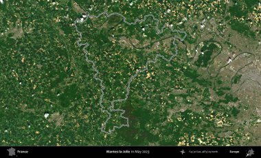 Mantes-la-Jolie. Mayıs 2023 'te çekilen Copernicus Sentinel karolarından oluşan bir uydu görüntüsünde Fransa' nın idari bölgesinin ana hatları belirlendi.