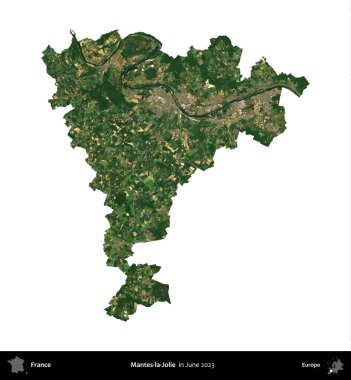 Mantes-la-Jolie. Fransa 'nın idari bölgesi, Haziran 2023' te çekilen Kopernik Nöbetçi karolarından oluşan bir uydu görüntüsüyle beyaza izole edildi.