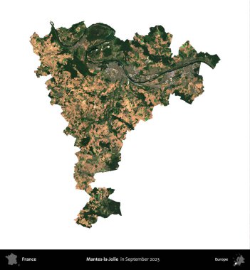 Mantes-la-Jolie. Fransa 'nın idari bölgesi, Eylül 2023' te çekilen Kopernik Nöbetçi karolarından oluşan bir uydu görüntüsü üzerinde beyaza izole edildi.