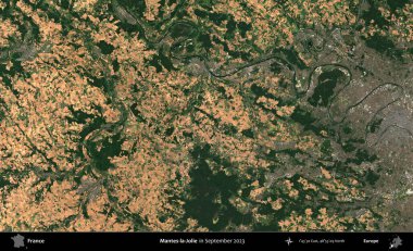 Mantes-la-Jolie. Copernicus Sentinel 'in Eylül 2023' te çekilmiş uydu görüntüsü üzerine Fransa 'nın idari bölgesi.