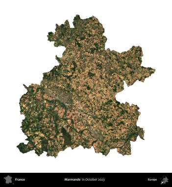 Marmande. Fransa 'nın idari bölgesi, Ekim 2023' te çekilen Kopernik Nöbetçi karolarından oluşan bir uydu görüntüsüyle beyaza izole edildi.