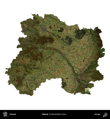 Marne. Fransa 'nın idari bölgesi, Kasım 2020' de çekilen Kopernik Nöbetçi karolarından oluşan bir uydu görüntüsü üzerinde beyaza izole edildi.