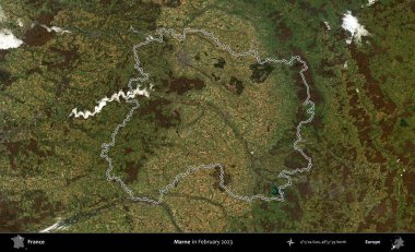 Marne. Copernicus Sentinel 'in Şubat 2023' te çekilen uydu görüntüsünde Fransa 'nın idari bölgesinin ana hatları belirlendi.