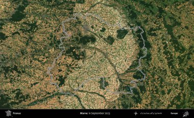 Marne. Eylül 2023 'te çekilen Copernicus Sentinel karolarından oluşan bir uydu görüntüsünde Fransa' nın idari bölgesinin ana hatlarını çizdim.