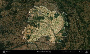 Marne. Fransa 'nın idari alanı, Eylül 2023' te çekilen Kopernik Nöbetçi karolarından oluşan koyu renkli bir uydu görüntüsü üzerinde vurgulandı ve özetlendi.