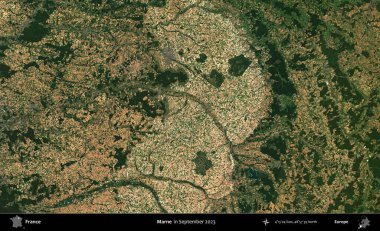 Marne. Copernicus Sentinel 'in Eylül 2023' te çekilmiş uydu görüntüsü üzerine Fransa 'nın idari bölgesi.