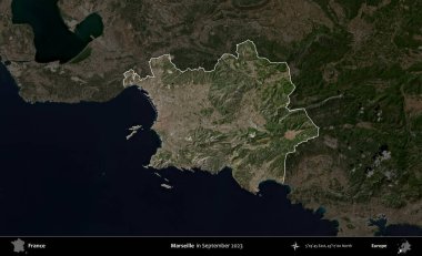 Marsilya. Fransa 'nın idari alanı, Eylül 2023' te çekilen Kopernik Nöbetçi karolarından oluşan koyu renkli bir uydu görüntüsü üzerinde vurgulandı ve özetlendi.