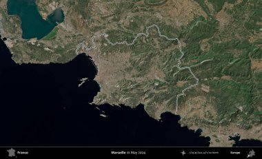 Marsilya. Mayıs 2024 'te çekilen Copernicus Sentinel karolarından oluşan bir uydu görüntüsünde Fransa' nın idari bölgesinin ana hatlarını çizdim.