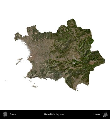 Marsilya. Fransa 'nın idari bölgesi, Temmuz 2024' te çekilen Kopernik Nöbetçi karolarından oluşan bir uydu görüntüsü ile beyaza izole edildi.