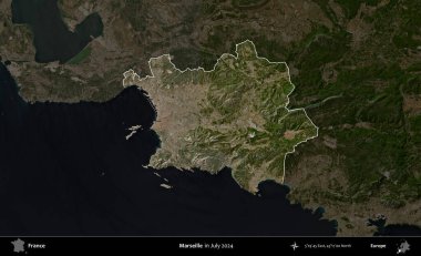 Marsilya. Fransa 'nın idari alanı, Temmuz 2024' te çekilen Kopernik Nöbetçi karolarından oluşan koyu renkli bir uydu görüntüsüyle vurgulandı ve özetlendi.